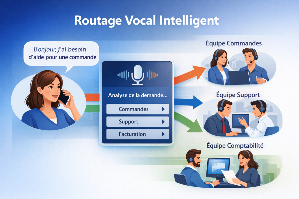 Schéma de routage vocal intelligent : l’appelant formule sa demande et l’appel est orienté vers le bon service.